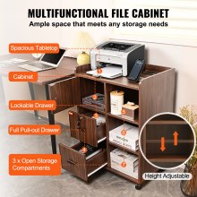 VEVOR Wood File Cabinet, Mobile Printer Cabinet 3-Drawer, with 2 Outlets and 2 USB Ports, Printer Stand with Open Storage Shelves for Home Office, Rustic Brown, EPA and CARB certified