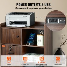 VEVOR träarkivskåp, mobilt skrivarskåp 3-lådor, med 2 uttag och 2 USB-portar, skrivarställ med öppna förvaringshyllor för hemmakontor, Rustic Brown, EPA och CARB-certifierad