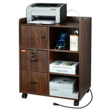 VEVOR træarkivskab, mobilt printerskab 3-skuffer, med 2 udtag og 2 USB-porte, printerstativ med åbne opbevaringshylder til hjemmekontoret, rustik brun, EPA og CARB certificeret