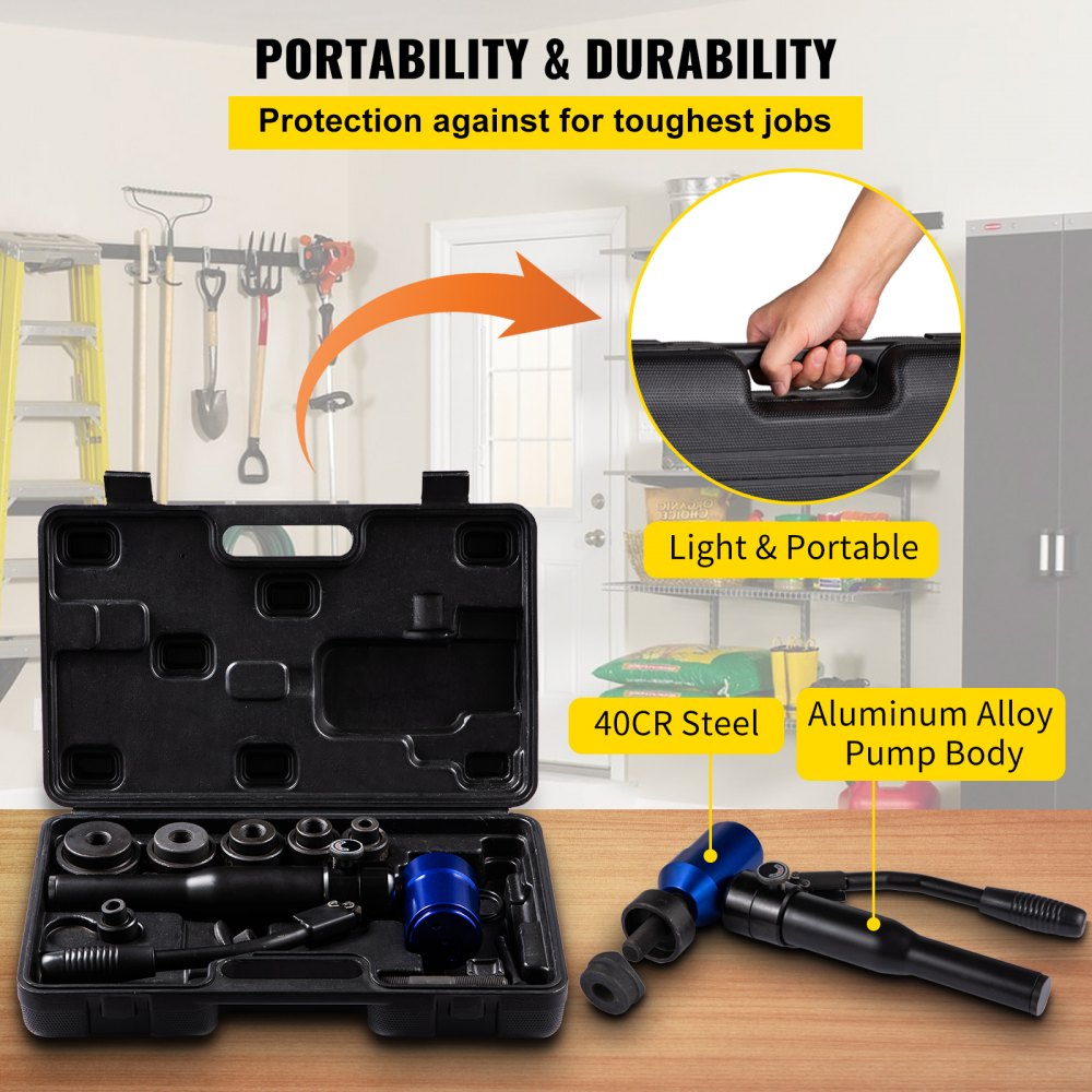 VEVOR Hydraulic Knockout Punch Set, 98KN(10 T) Knockout Hole Punch Driver Kit, 6 Dies Ranging from 1/2 to 2 inch, for Punching Hole on the Switchboard, Steel Plate, Electrical Cabinet