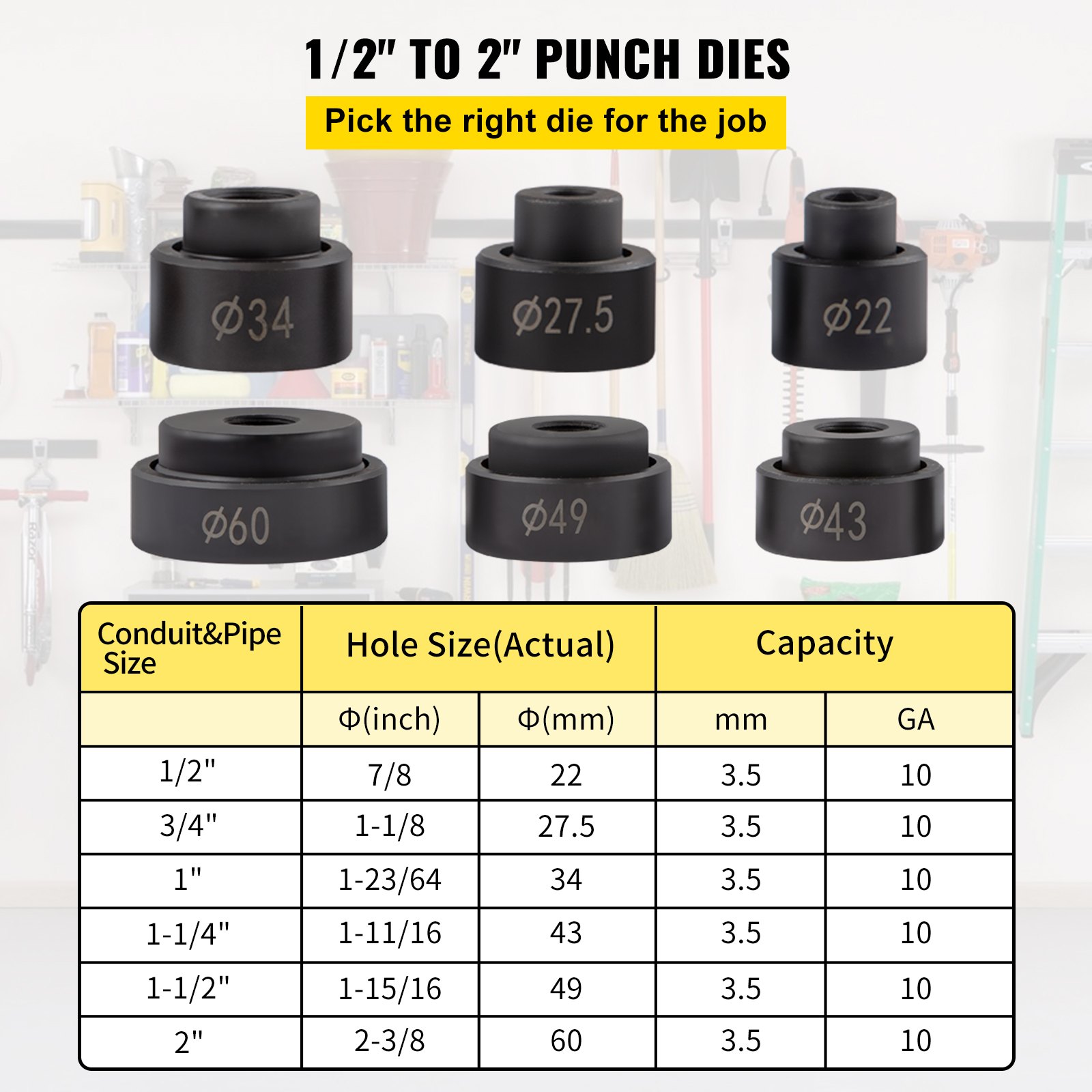 VEVOR Hydraulic Knockout Punch Set, 98KN(10 T) Knockout Hole Punch Driver Kit, 6 Dies Ranging from 1/2 to 2 inch, for Punching Hole on the Switchboard, Steel Plate, Electrical Cabinet