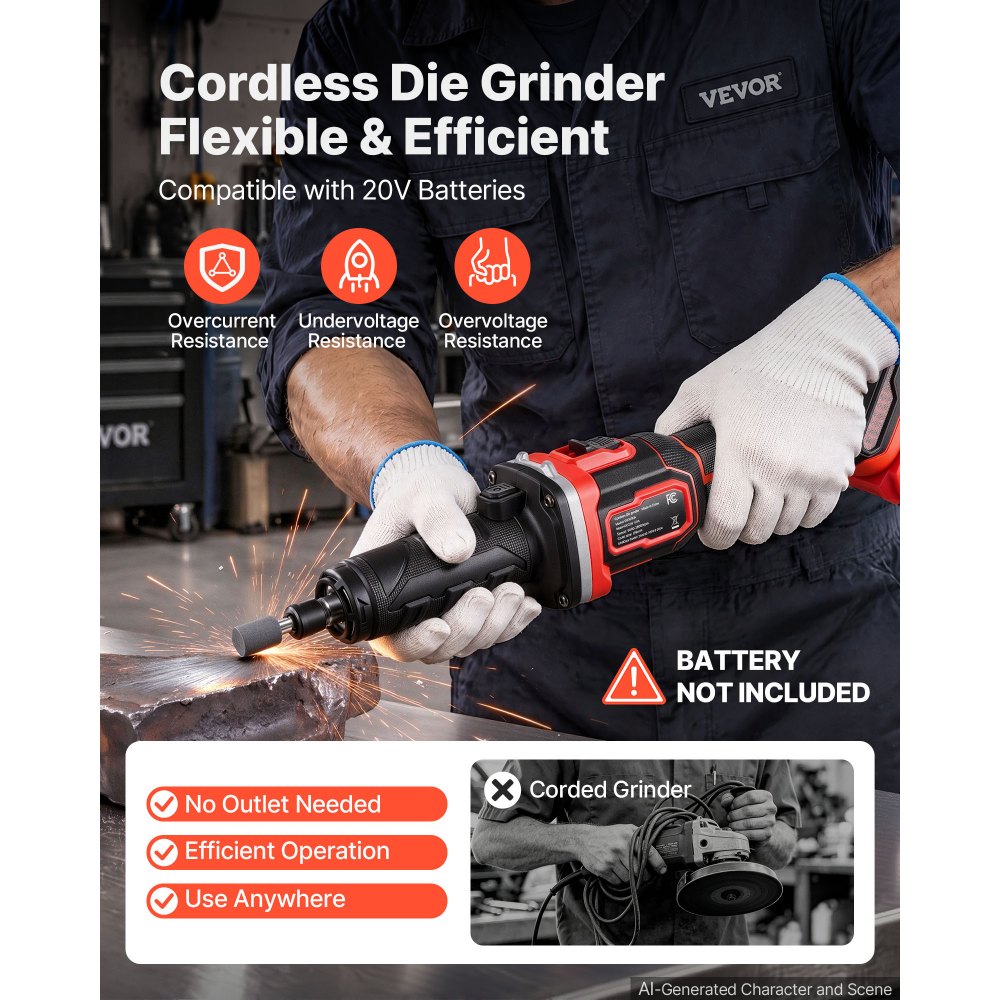 VEVOR Cordless Die Grinder, 20V 3-Speed 26000RPM Straight Power Grinder, 1000W Brushless Motor, 6.35mm Collet, Lightweight & Comfortable Grip for Grinding, Polishing, Cutting (Battery Not Included)