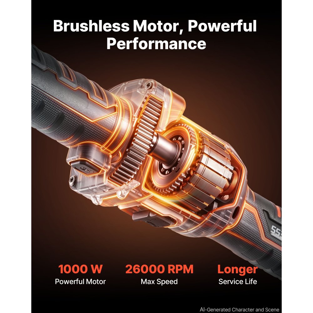 VEVOR Cordless Die Grinder, 20V 3-Speed 26000RPM Straight Power Grinder, 1000W Brushless Motor, 6.35mm Collet, Lightweight & Comfortable Grip for Grinding, Polishing, Cutting (Battery Not Included)