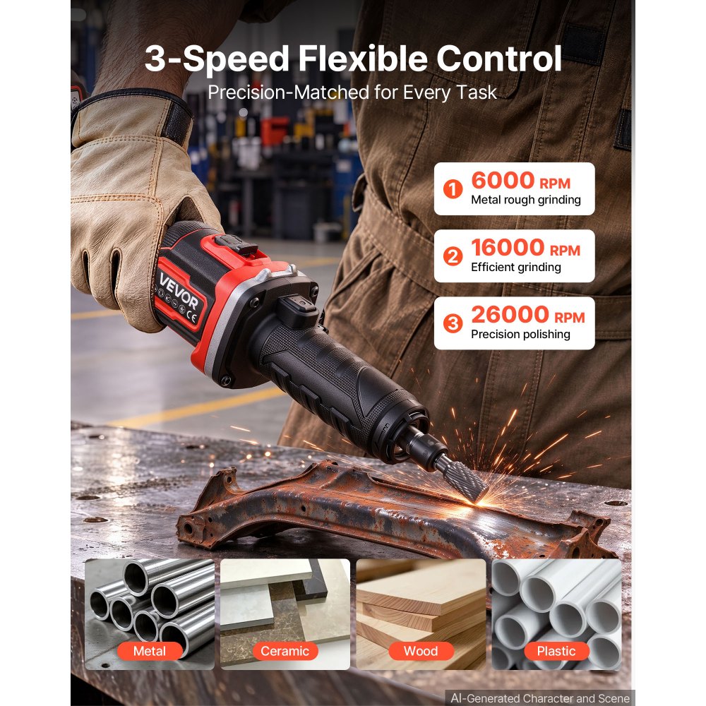 VEVOR Cordless Die Grinder, 20V 3-Speed 26000RPM Straight Power Grinder, 1000W Brushless Motor, 6.35mm Collet, Lightweight & Comfortable Grip for Grinding, Polishing, Cutting (Battery Not Included)