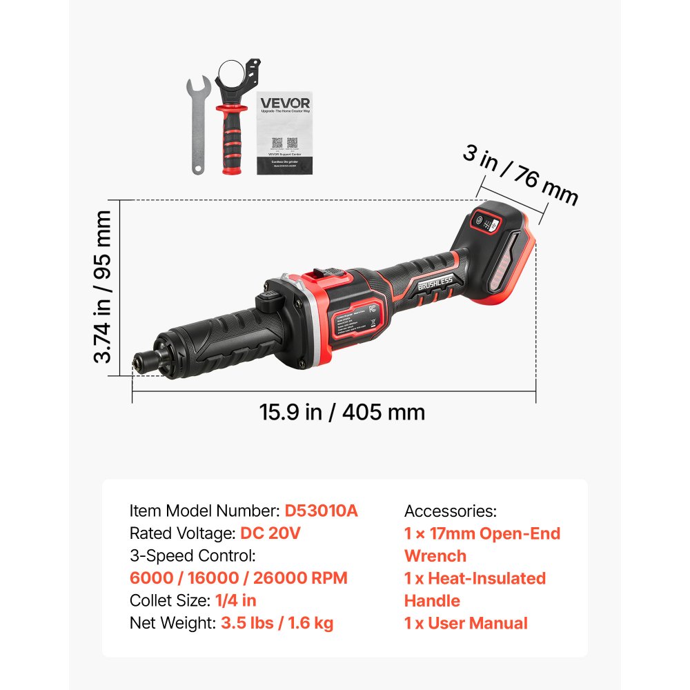 VEVOR Cordless Die Grinder, 20V 3-Speed 26000RPM Straight Power Grinder, 1000W Brushless Motor, 6.35mm Collet, Lightweight & Comfortable Grip for Grinding, Polishing, Cutting (Battery Not Included)