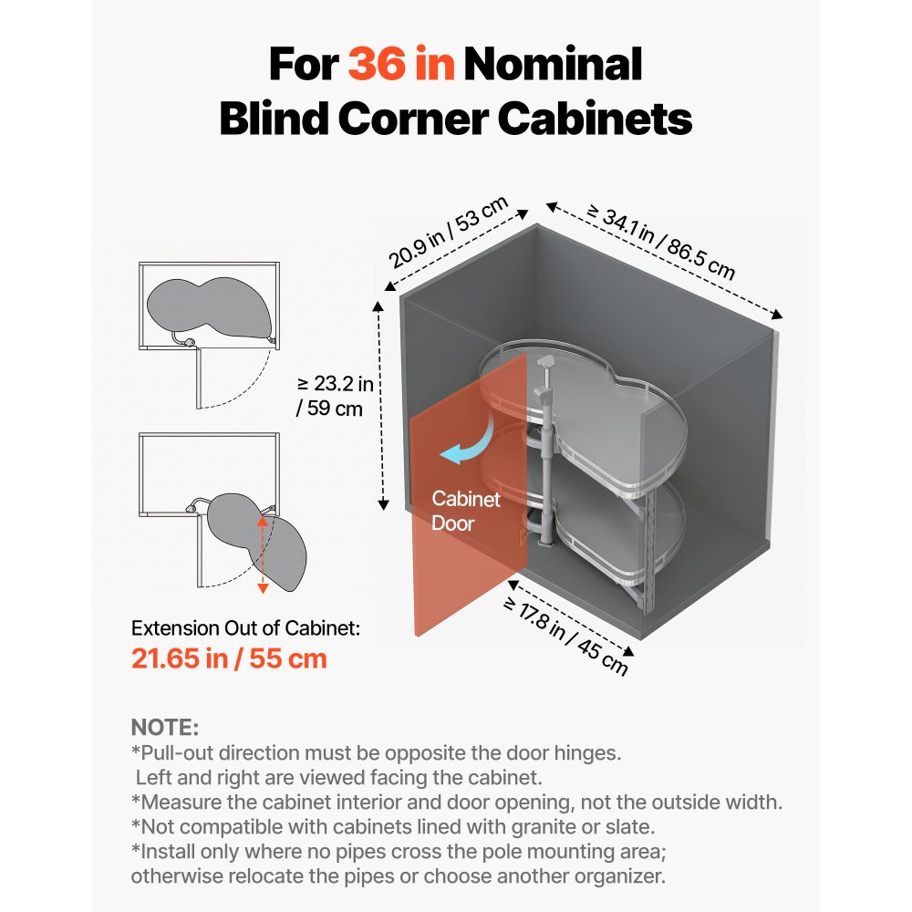 VEVOR Swing Right Blind Corner Cabinet, Pull Out Organizer for 36 inch Width Blind Cabinet, 2 Tier Height Adjustable Swing Tray, Soft Close Kitchen Cloud Blind Organizer, Right Open