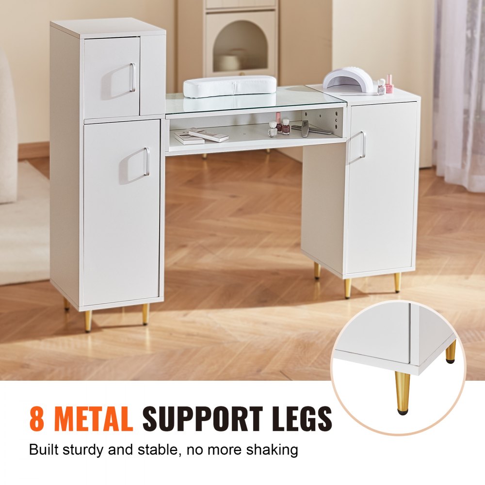 VEVOR Manicure Table, Glass Top Nail Desk, Makeup Dressing Nail Station with Storage Cabinets, Acetone-Resistant Nail Tech Table for Beauty Salon Spa Workstation with 8 Metal Legs, Wrist Rest, White