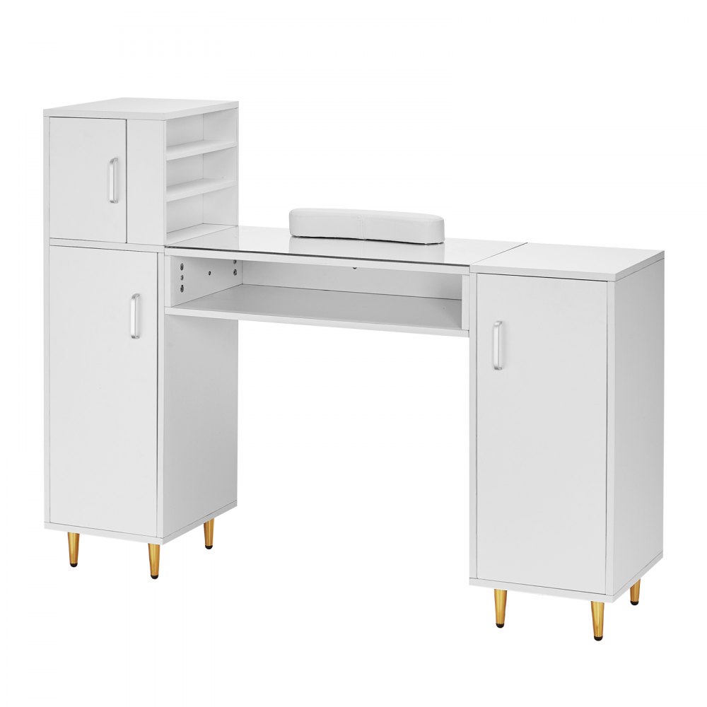VEVOR Manicure Table, Glass Top Nail Desk, Makeup Dressing Nail Station with Storage Cabinets, Acetone-Resistant Nail Tech Table for Beauty Salon Spa Workstation with 8 Metal Legs, Wrist Rest, White
