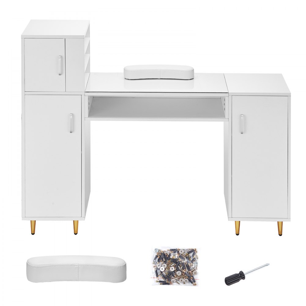 VEVOR Manicure Table, Glass Top Nail Desk, Makeup Dressing Nail Station with Storage Cabinets, Acetone-Resistant Nail Tech Table for Beauty Salon Spa Workstation with 8 Metal Legs, Wrist Rest, White