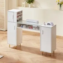 VEVOR Manicure Table, Glass Top Nail Desk, Makeup Dressing Nail Station with Storage Cabinets, Acetone-Resistant Nail Tech Table for Beauty Salon Spa Workstation with 8 Metal Legs, Wrist Rest, White