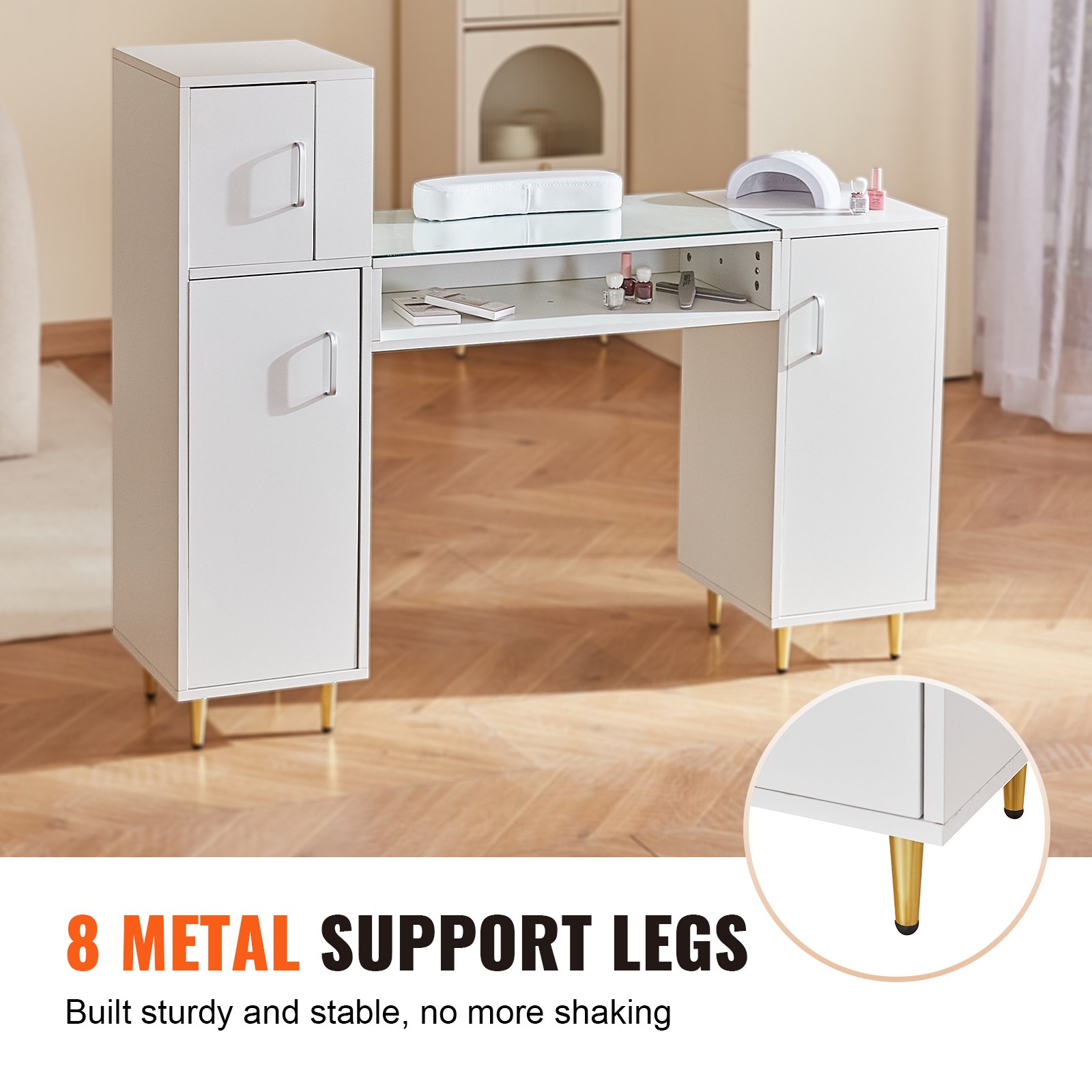 VEVOR Manicure Table, Glass Top Nail Desk, Makeup Dressing Nail Station with Storage Cabinets, Acetone-Resistant Nail Tech Table for Beauty Salon Spa Workstation with 8 Metal Legs, Wrist Rest, White
