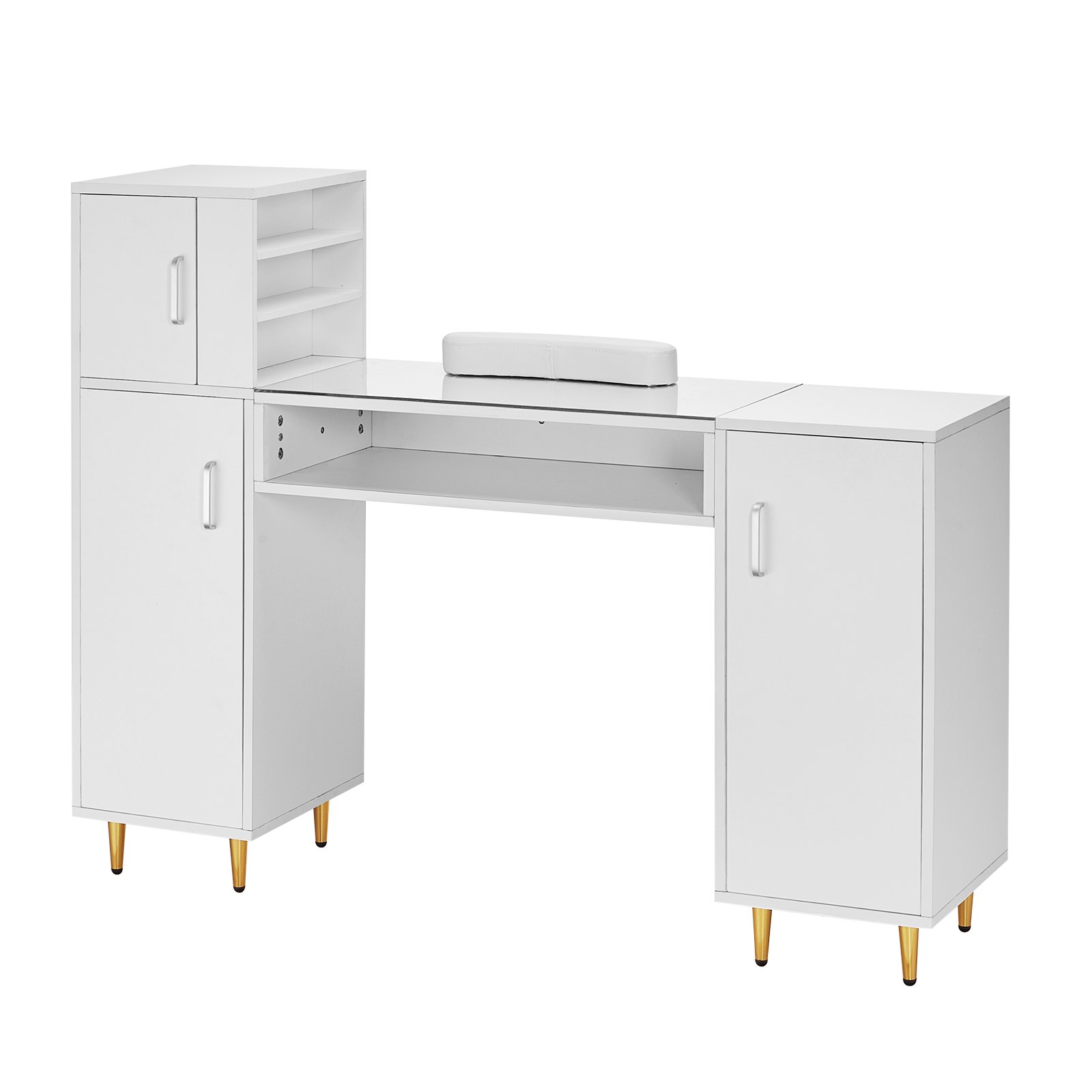 VEVOR Manicure Table, Glass Top Nail Desk, Makeup Dressing Nail Station with Storage Cabinets, Acetone-Resistant Nail Tech Table for Beauty Salon Spa Workstation with 8 Metal Legs, Wrist Rest, White
