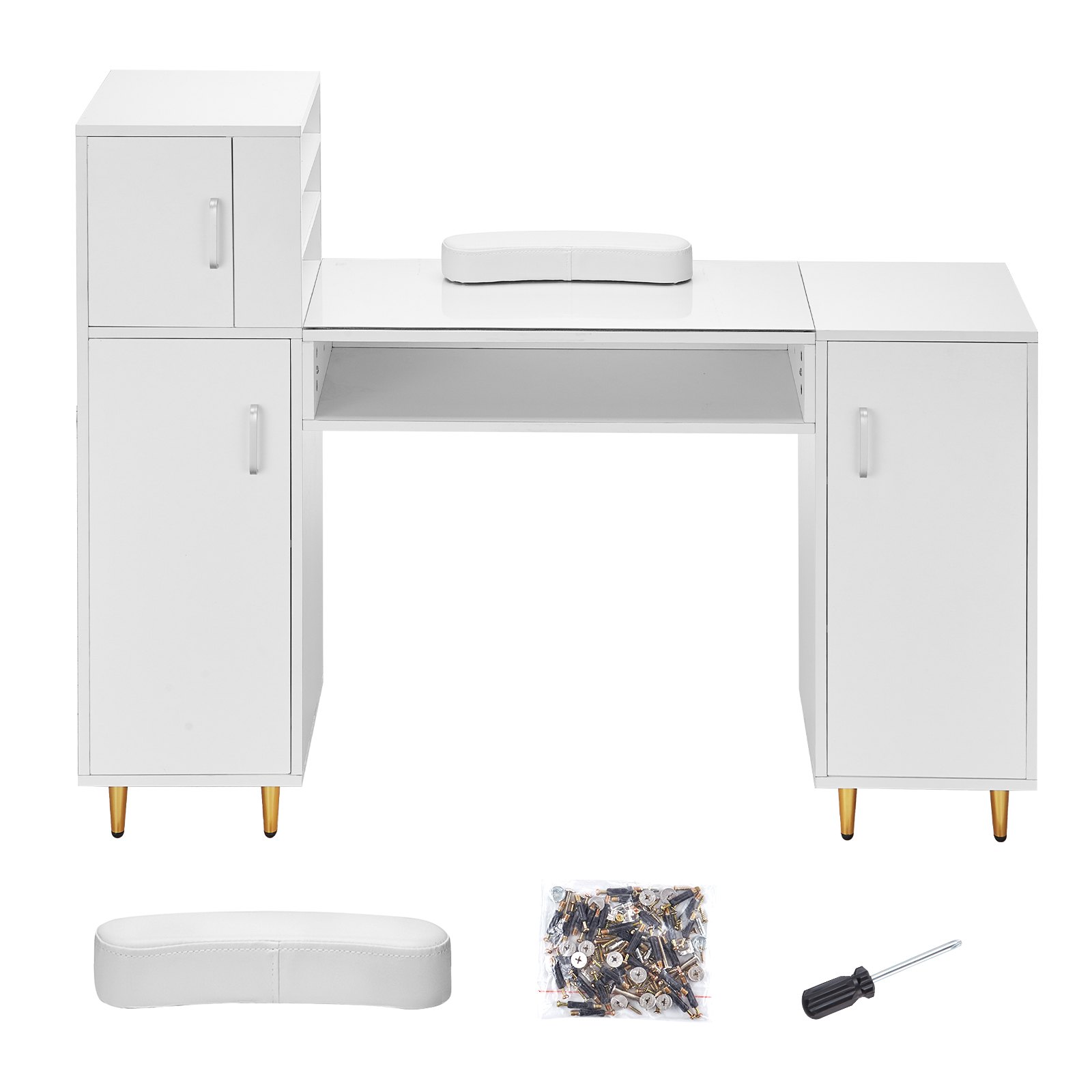 VEVOR Manicure Table, Glass Top Nail Desk, Makeup Dressing Nail Station with Storage Cabinets, Acetone-Resistant Nail Tech Table for Beauty Salon Spa Workstation with 8 Metal Legs, Wrist Rest, White