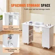 VEVOR Manicure Table, Nail Table Station with Electric Dust Collector, Moveable Nail Tech Desk with 8 Wheels (4 Lockable), 3 Dust Bag & Wrist Rest, MDF Nail Art Workstation for Spa Beauty Salon, White