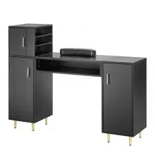 VEVOR Manicure Table, Glass Top Nail Desk, Makeup Dressing Nail Station with Storage Cabinets, Acetone-Resistant Nail Tech Table for Spa Beauty Salon Workstation with Wrist Rest, 8 Metal Legs, Black