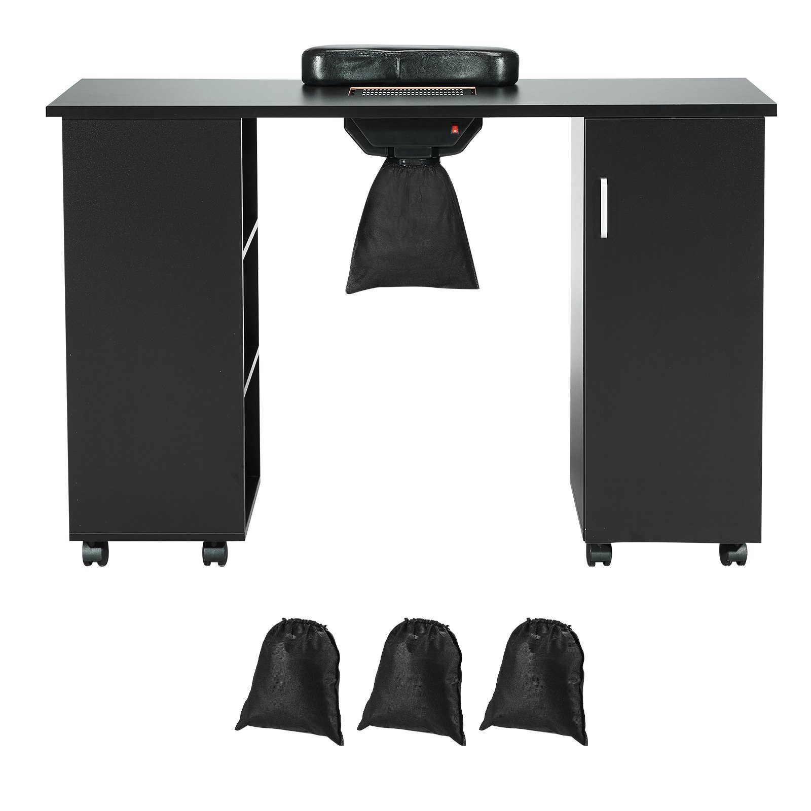 VEVOR Manicure Table, Nail Table Station with Electric Dust Collector, Moveable Nail Tech Desk with 8 Wheels (4 Lockable), 3 Dust Bag & Wrist Rest, MDF Nail Art Workstation for Spa Beauty Salon, Black