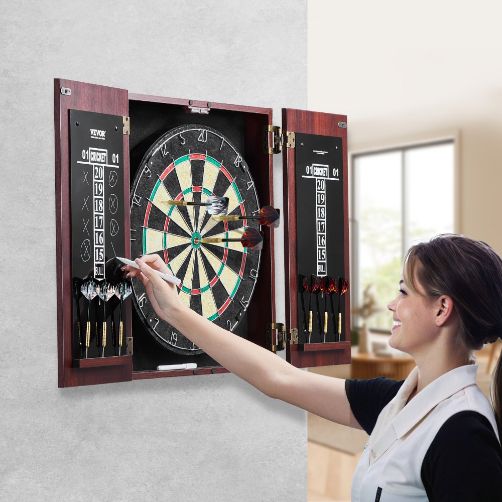 VEVOR Dartboard and Cabinet Set, Ready-to-Play Bundle Official Size Dartboard Cabinet, Steel Tip Dart Hideaway Cabinet, Features Easy Assembly, Complete with All Accessories, Perfect for Cricket Games