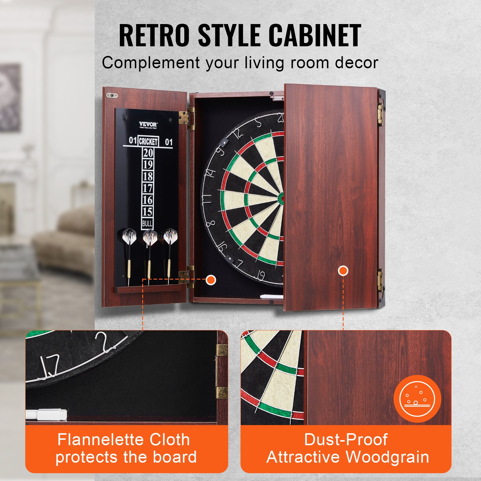 VEVOR Dartboard and Cabinet Set, Ready-to-Play Bundle Official Size Dartboard Cabinet, Steel Tip Dart Hideaway Cabinet, Features Easy Assembly, Complete with All Accessories, Perfect for Cricket Games