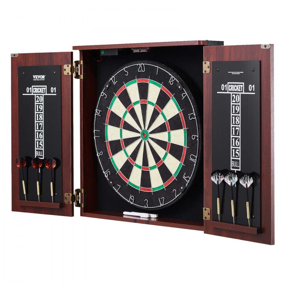 VEVOR Dartboard and Cabinet Set, Ready-to-Play Bundle Official Size Dartboard Cabinet, Steel Tip Dart Hideaway Cabinet, Features LED Light, Easy Assembly, Complete with All Accessory, for Cricket Game