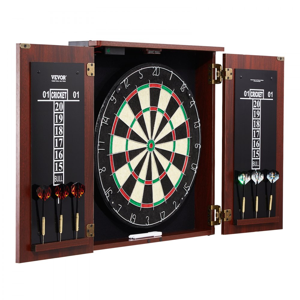 VEVOR Dartboard and Cabinet Set, Ready-to-Play Bundle Official Size Dartboard Cabinet, Steel Tip Dart Hideaway Cabinet, Features LED Light, Easy Assembly, Complete with All Accessory, for Cricket Game