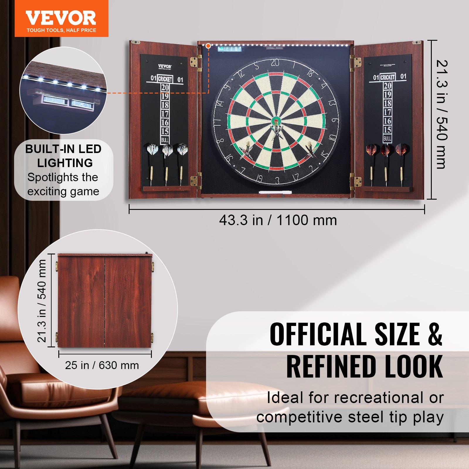 VEVOR Dartboard and Cabinet Set, Ready-to-Play Bundle Official Size Dartboard Cabinet, Steel Tip Dart Hideaway Cabinet, Features LED Light, Easy Assembly, Complete with All Accessory, for Cricket Game