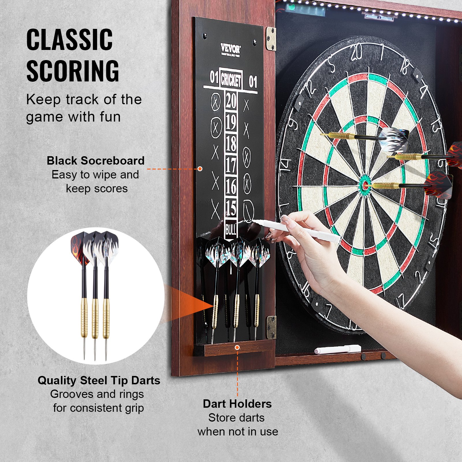 VEVOR Dartboard and Cabinet Set, Ready-to-Play Bundle Official Size Dartboard Cabinet, Steel Tip Dart Hideaway Cabinet, Features LED Light, Easy Assembly, Complete with All Accessory, for Cricket Game