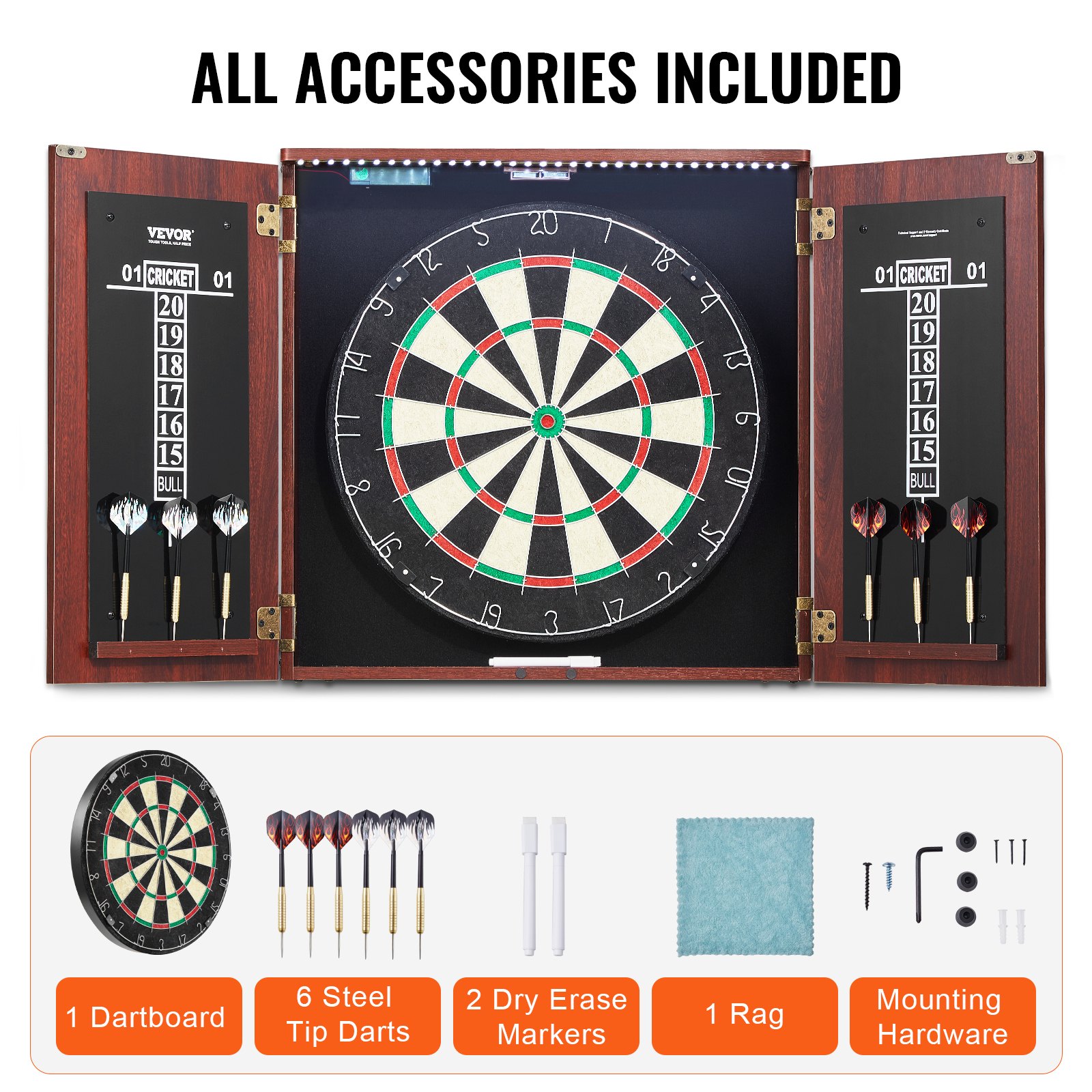 VEVOR Dartboard and Cabinet Set, Ready-to-Play Bundle Official Size Dartboard Cabinet, Steel Tip Dart Hideaway Cabinet, Features LED Light, Easy Assembly, Complete with All Accessory, for Cricket Game