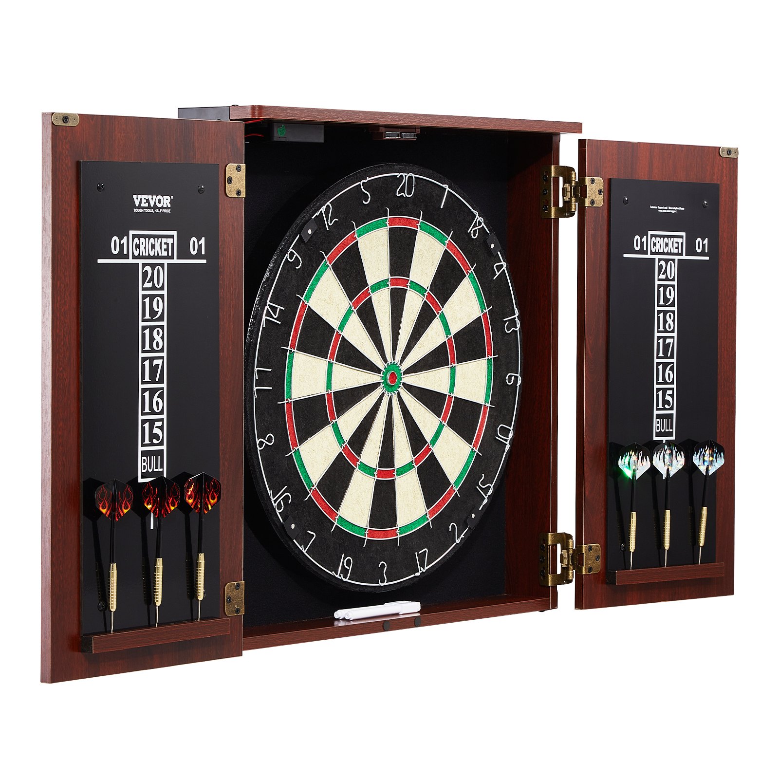 VEVOR Dartboard and Cabinet Set, Ready-to-Play Bundle Official Size Dartboard Cabinet, Steel Tip Dart Hideaway Cabinet, Features LED Light, Easy Assembly, Complete with All Accessory, for Cricket Game
