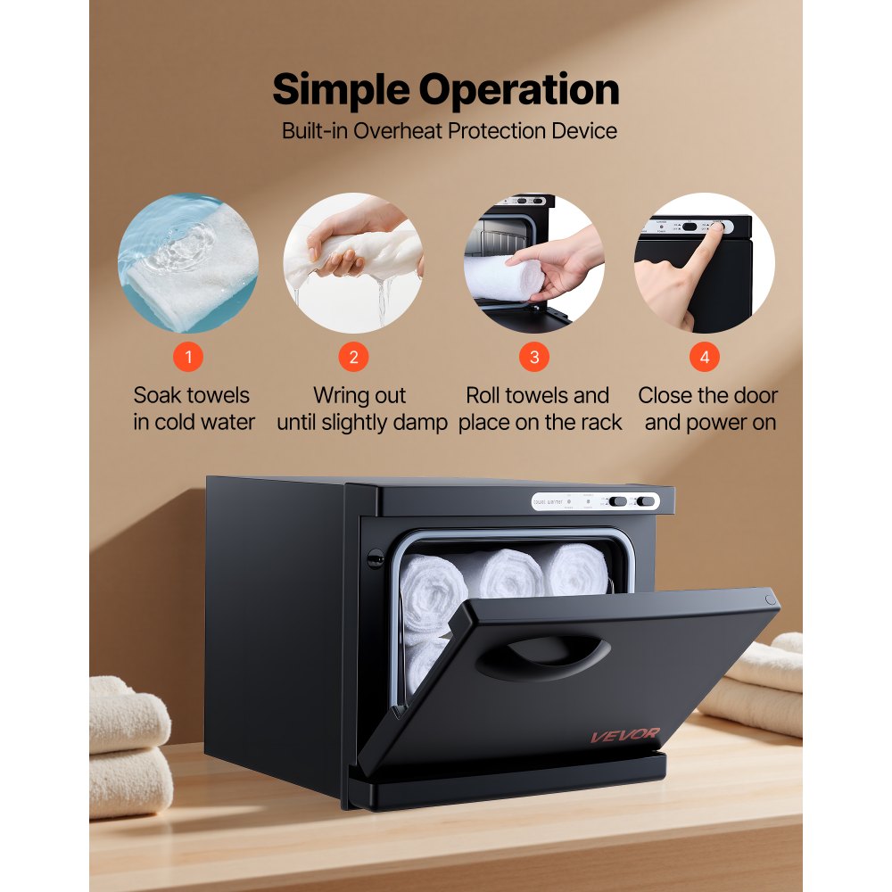 VEVOR Hot Towel Warmer, 1.76 gal Small Towel Warmer Cabinet with Clip & Stainless Steel Rack, Holds up 12 Towels, Portable All-Round Heating Cabinet for Spa, Barber, Manicures, Massage, Salon, Black