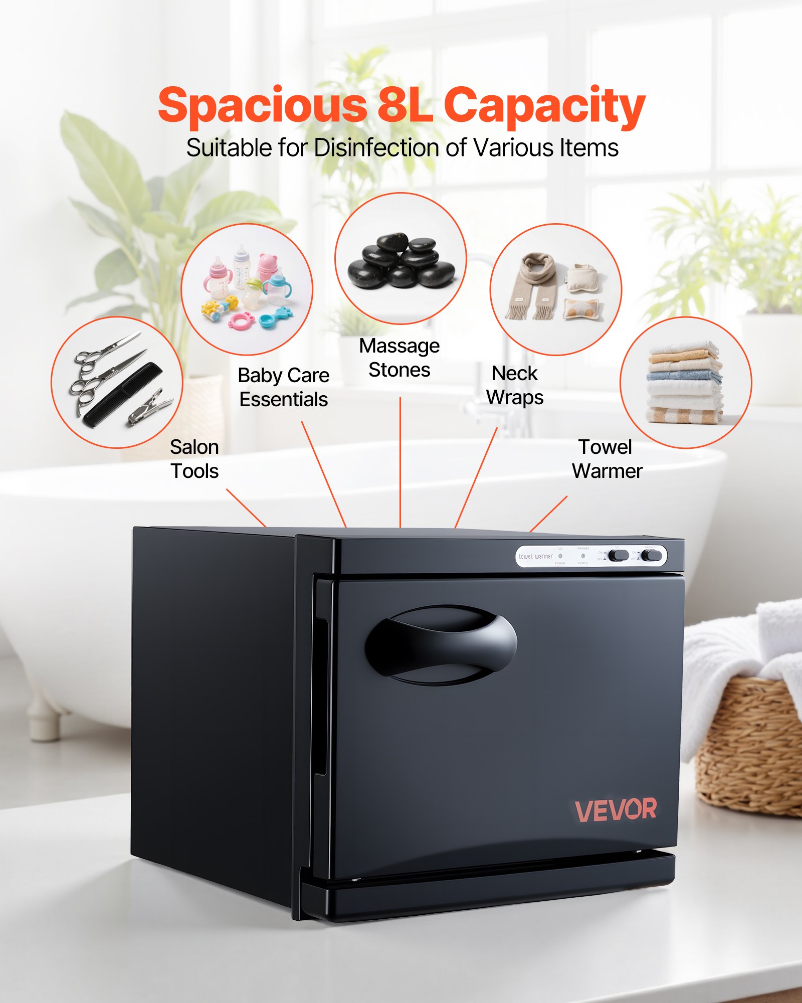 VEVOR Hot Towel Warmer, 1.76 gal Small Towel Warmer Cabinet with Clip & Stainless Steel Rack, Holds up 12 Towels, Portable All-Round Heating Cabinet for Spa, Barber, Manicures, Massage, Salon, Black