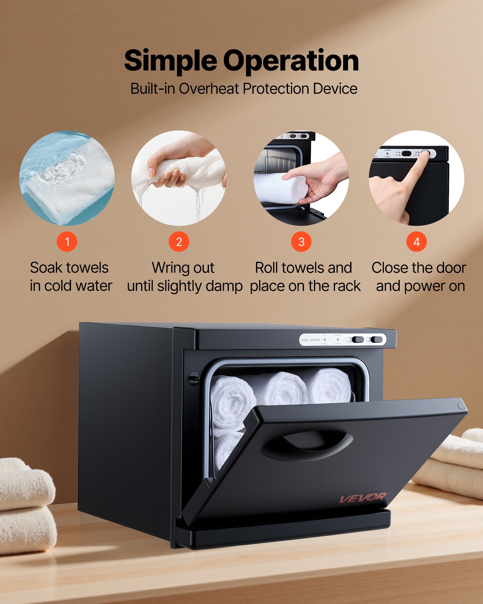 VEVOR Hot Towel Warmer, 1.76 gal Small Towel Warmer Cabinet with Clip & Stainless Steel Rack, Holds up 12 Towels, Portable All-Round Heating Cabinet for Spa, Barber, Manicures, Massage, Salon, Black