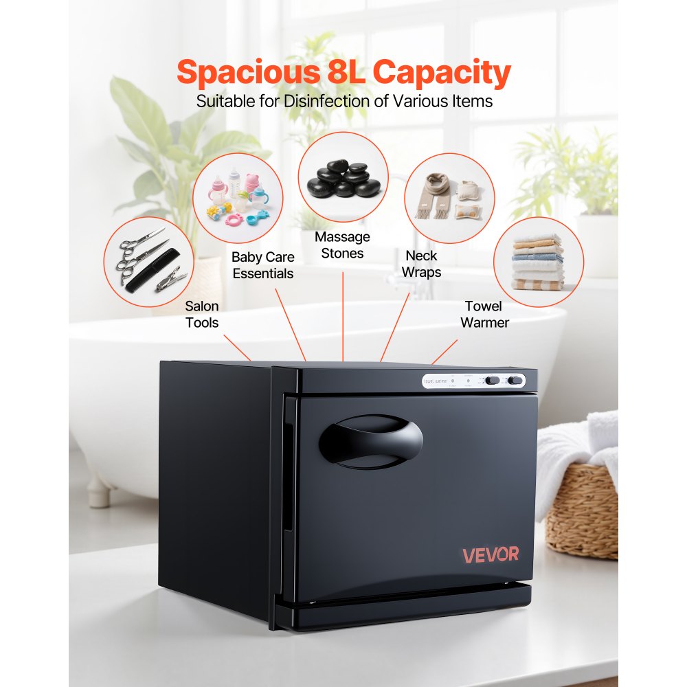 VEVOR Hot Towel Warmer, 8L Small Towel Warmer Cabinet with Clip & Stainless Steel Rack, Holds up 12 Towels, Portable All-Round Heating Cabinet for Spa, Barber, Manicures, Massage, Salon, Black