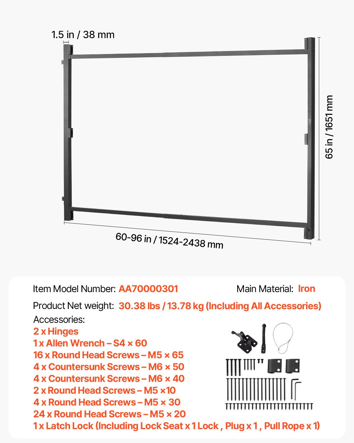 VEVOR Gate Building Kit, Fits 152.4 to 243.8 cm Wide Openings, Up from 182.9 to 213.4 cm High Fence, Adjustable Gate Building Kit, Anti Sag Full Gate Frame Kit with Latch Lock, for Wooden Fence, Iron