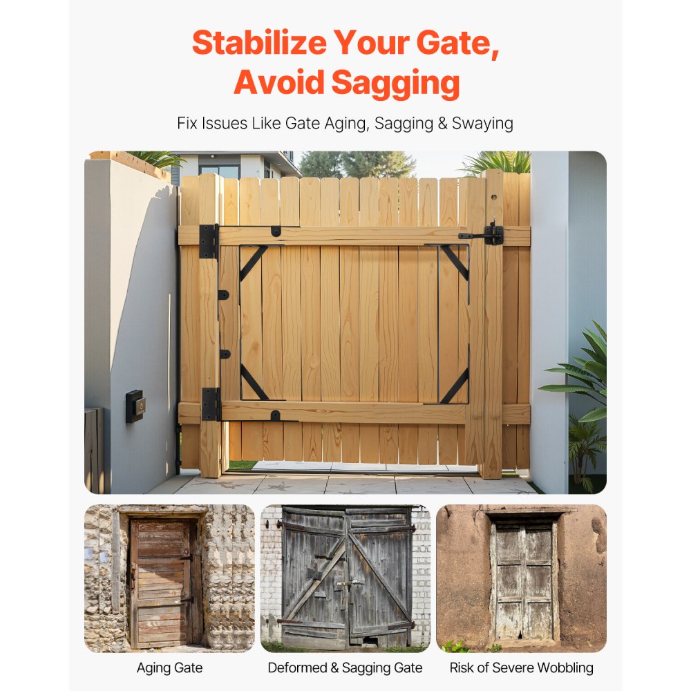 VEVOR Gate Corner Brace Bracket, Anti Sag Gate Frame Hardware Kit, Gate Frame Brace Bracket with Latch Lock Rope, Latch Lock, for Shed Doors, Corral Gates, Driveway Gates, Wood Windows, Iron, Black
