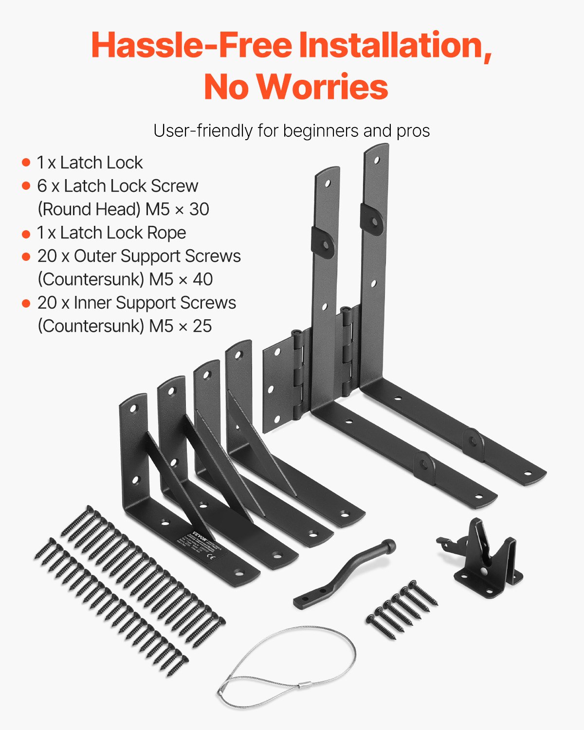 VEVOR Gate Corner Brace Bracket, Anti Sag Gate Frame Hardware Kit, Gate Frame Brace Bracket with Latch Lock Rope, Latch Lock, for Shed Doors, Corral Gates, Driveway Gates, Wood Windows, Iron, Black