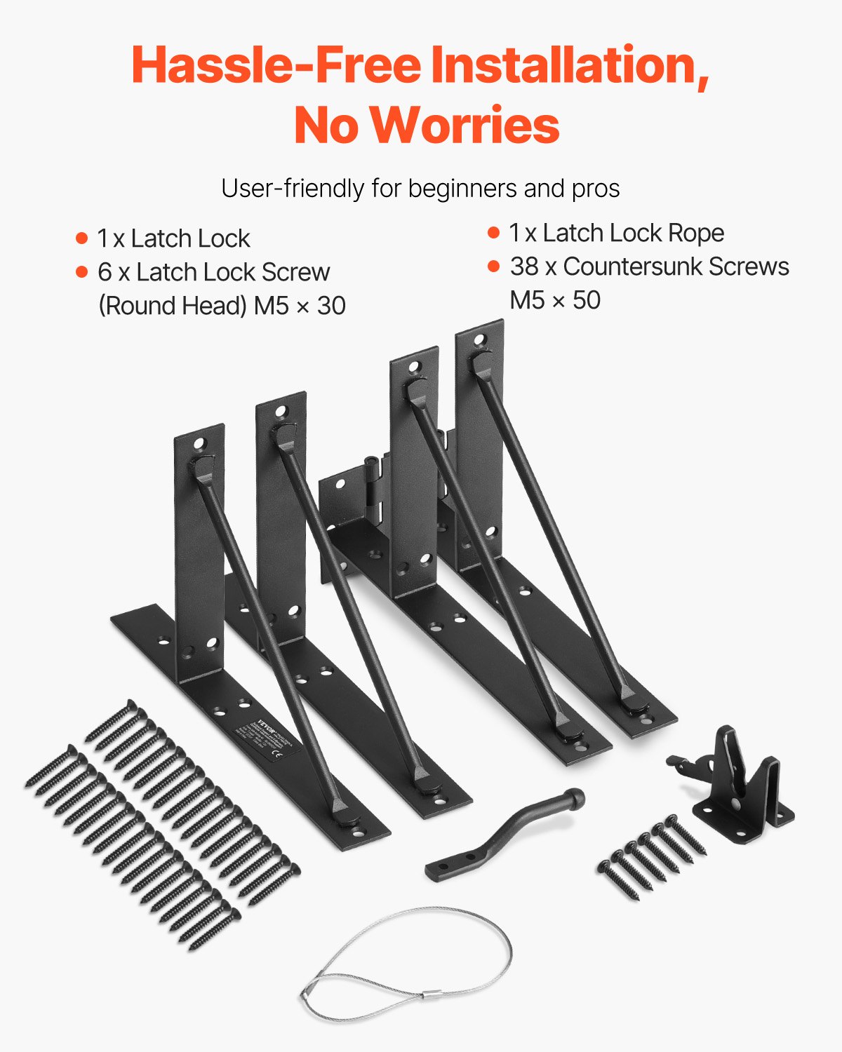 VEVOR Gate Corner Brace Bracket, Anti Sag Gate Frame Hardware Kit, Gate Frame Brace Bracket with Latch Lock, Latch Lock Rope, for Shed Doors, Corral Gates, Driveway Gates, Stable Gates, Iron, Black