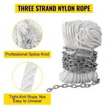 VEVOR Anchor Rode and Chain, 15' x 5/16" Boat Anchor Chain, 1/2" x 200' Nylon Rope, 2.2T Chain Tension Galvanized Steel Chain, Windlass-Grade Three Strand Twist Nylon, Anchor Chain for Boats, Ships