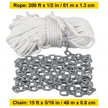 VEVOR Anchor Rode and Chain, 15' x 5/16" Boat Anchor Chain, 1/2" x 200' Nylon Rope, 2.2T Chain Tension Galvanized Steel Chain, Windlass-Grade Three Strand Twist Nylon, Anchor Chain for Boats, Ships