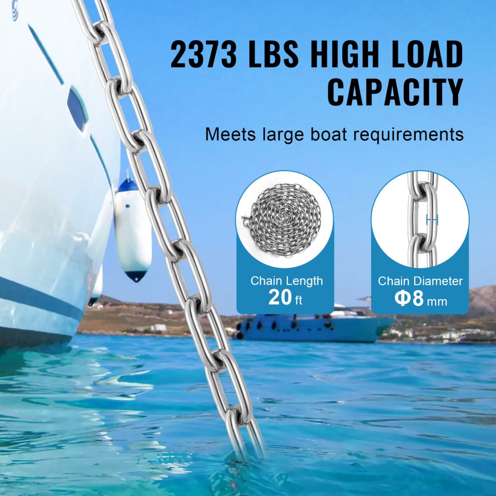 VEVOR Boat Anchor Chain, 8 mm x 6.1 m, 1076 kg WLL/3230 kg BS, 316 Stainless Steel Marine Grade Anchor Lead Chain with Dual Lock Ring Shackles for Boats, Deck, Fishing, Works with Different Anchors