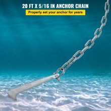 VEVOR Anchor Chain, 20\' x 5/16\" 316 Stainless Steel Chain, 3/8\" Anchor Chain Shackle, 3230kgs Anchor Lead Chain Breaking Load, 4291kgs Anchor Chain Shackle Breaking Load, Anchor Chain for Small Boa