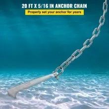 VEVOR Anchor Chain, 20' x 5/16" 316 Stainless Steel Chain, 3/8" Anchor Chain Shackle, 7120lbs Anchor Lead Chain Breaking Load, 9460lbs Anchor Chain Shackle Breaking Load, Anchor Chain for Small Boat
