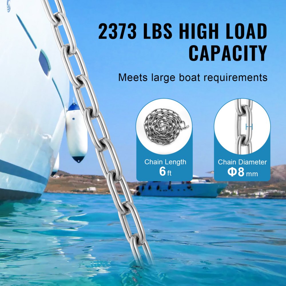 VEVOR Boat Anchor Chain, 5/16" x 6', 2373 lbs. WLL/7120 lbs. BS, 316 Stainless Steel Marine Grade Anchor Lead Chain with Dual Lock Ring Shackles for Boats, Deck, Fishing, Works with Different Anchors