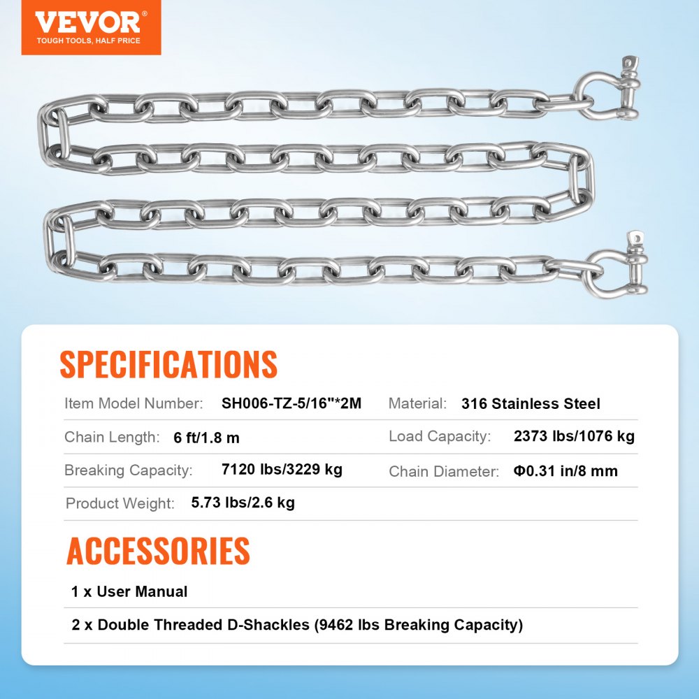 VEVOR Boat Anchor Chain, 5/16" x 6', 2373 lbs. WLL/7120 lbs. BS, 316 Stainless Steel Marine Grade Anchor Lead Chain with Dual Lock Ring Shackles for Boats, Deck, Fishing, Works with Different Anchors