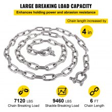 VEVOR Anchor Chain, 6' x 5/16" 316 Stainless Steel Chain, 3/8" Anchor Chain Shackle, 7120lbs Anchor Lead Chain Breaking Load, 9460lbs Anchor Chain Shackle Breaking Load, Anchor Chain for Small Boats