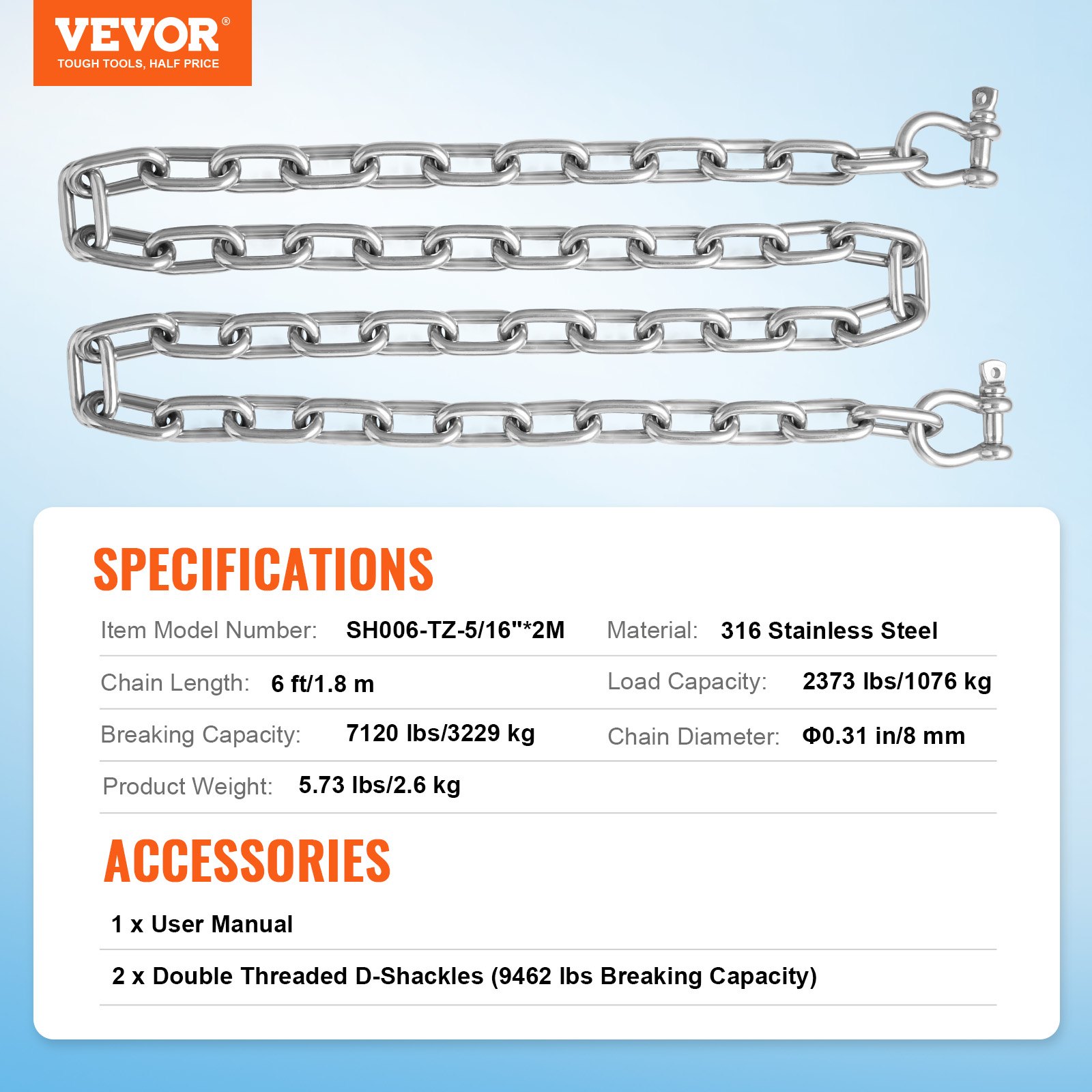 VEVOR Boat Anchor Chain, 5/16" x 6', 2373 lbs. WLL/7120 lbs. BS, 316 Stainless Steel Marine Grade Anchor Lead Chain with Dual Lock Ring Shackles for Boats, Deck, Fishing, Works with Different Anchors