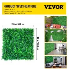 VEVOR Artificial Boxwood Panels, 6 PCS 20"x20" Boxwood Hedge Wall Panels, PE Artificial Grass Backdrop Wall 1.6", Privacy Hedge Screen for Decoration of Outdoor, Indoor, Garden, Fence, and Backyard