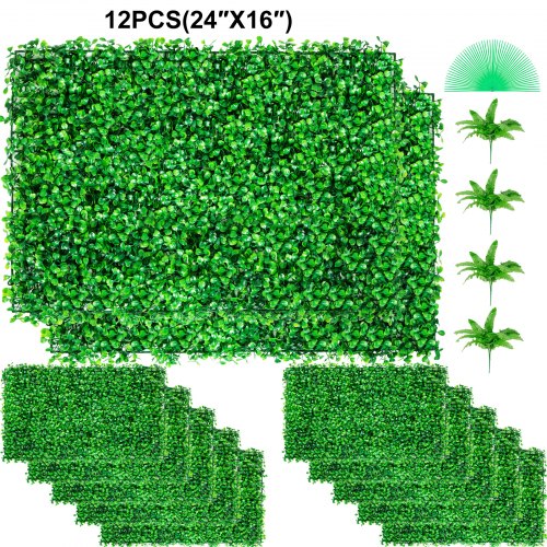 VEVOR 12pcs Artificial Boxwood Panel UV Boxwood Hedge Wall Panels Artificial Grass Backdrop Wall 24X16" 4cm Green Grass Wall Fake Hedge for Decor Privacy Fence Indoor Outdoor Garden Backyard