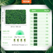 VEVOR 12PCS 24"x16" Grass Wall Panels for 32 SQ Feet, Boxwood Hedge Wall Panels, Artificial Grass Backdrop Wall 1.6", Privacy Hedge Screen UV Protected for Outdoor Indoor Garden Fence Backyard
