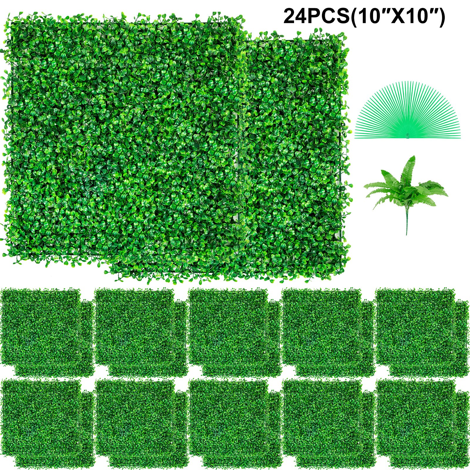 VEVOR Artificial Boxwood Panel UV 24PCS Boxwood Hedge Wall Panels Artificial Grass Backdrop Wall 10"x10" 4 cm Green Grass Wall Fake Hedge for Decor Privacy Fence Indoor Outdoor Garden Backyard