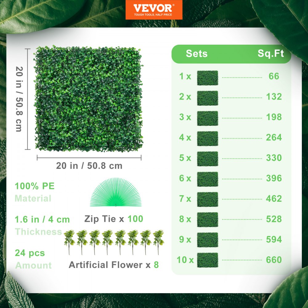 VEVOR Artificial Boxwood Panel UV 24pcs Boxwood Hedge Wall Panels Artificial Grass Backdrop Wall 20\" X 20\" 4 cm Green Grass Wall Fake Hedge for Decor Privacy Fence Indoor Outdoor Garden Backyard